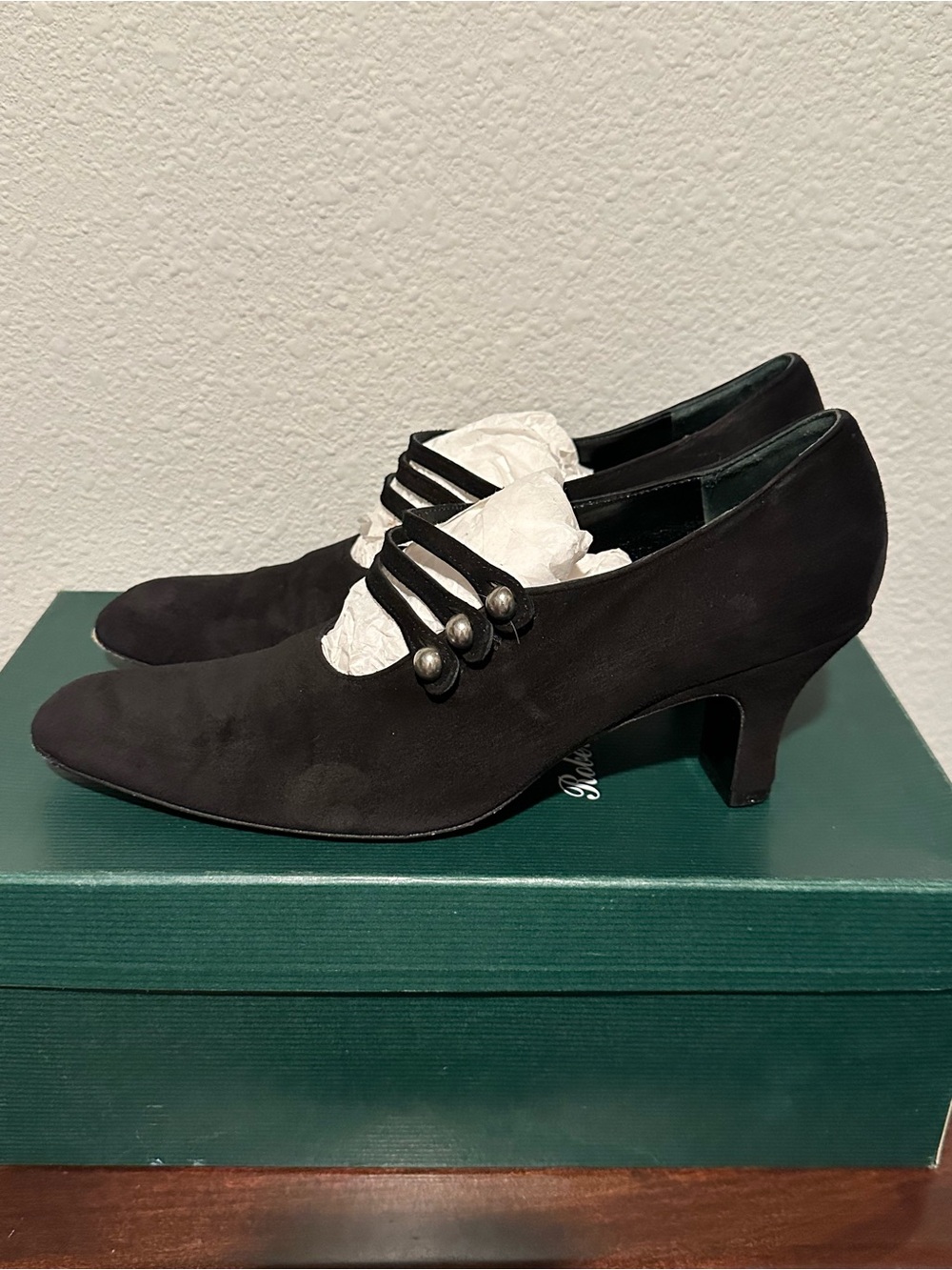Robert Clergerie Black Suede Strapped Mid-Heels